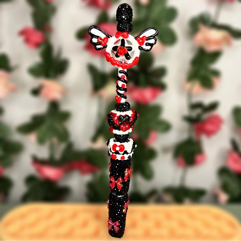 Black and Red Decorative Wand Rhinestone Handmade Extended Beaded Pen